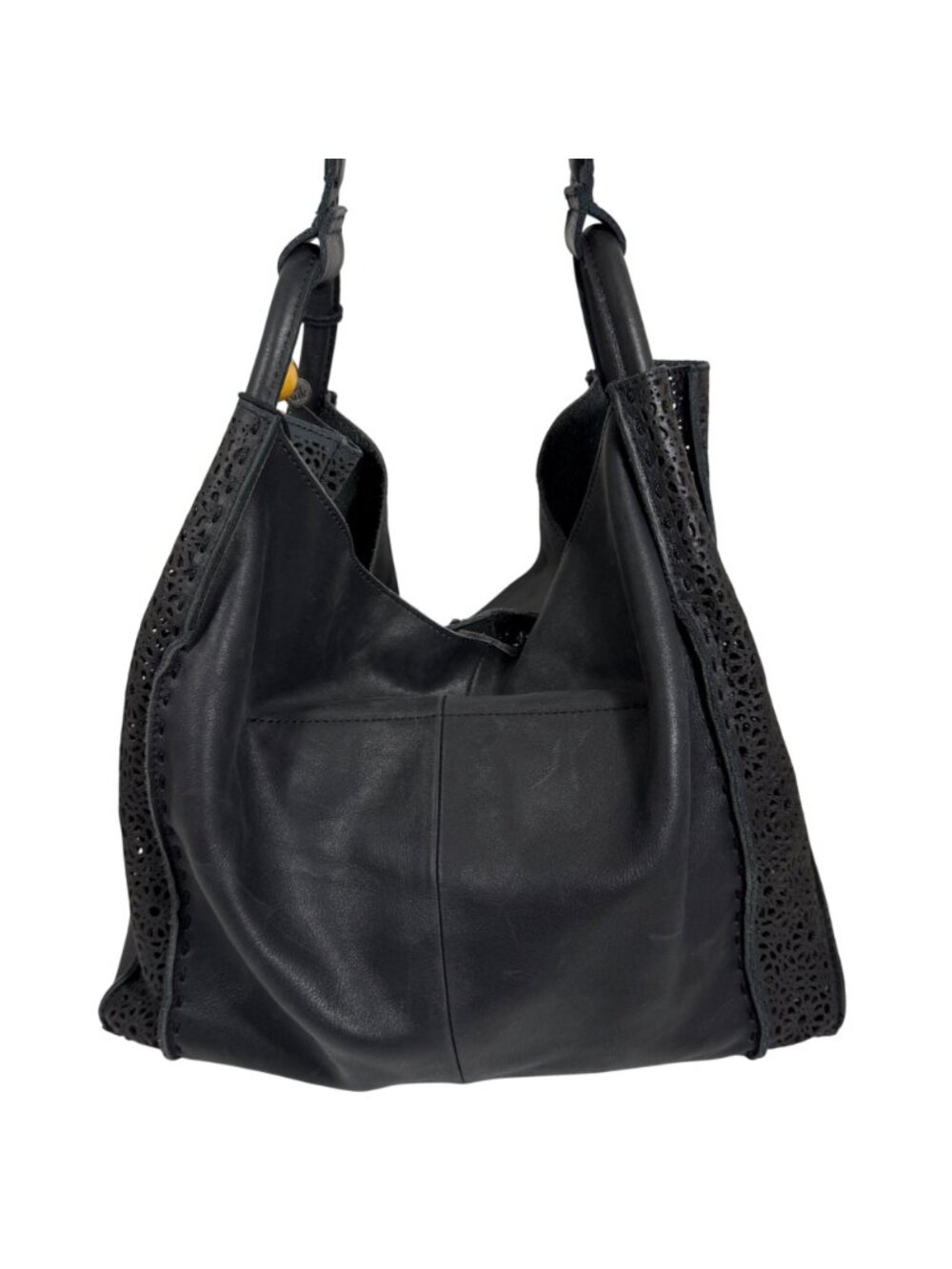 The Sak Los Feliz Slouchy Boho Tote Black Leather Moroccan Lasercut + Tassels - Picture 3 of 12